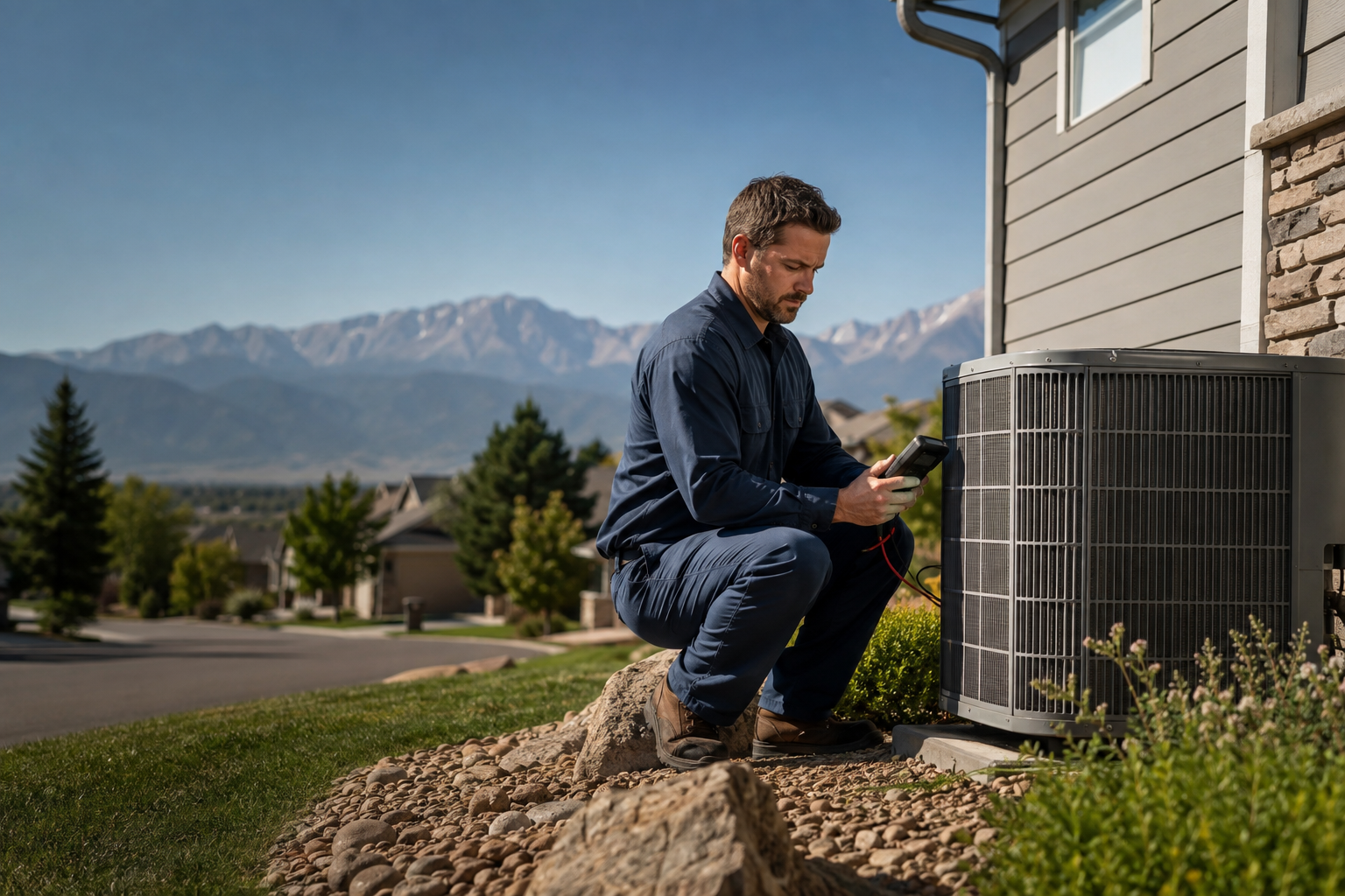 HVAC technician servicing an outdoor air conditioner in Colorado Springs